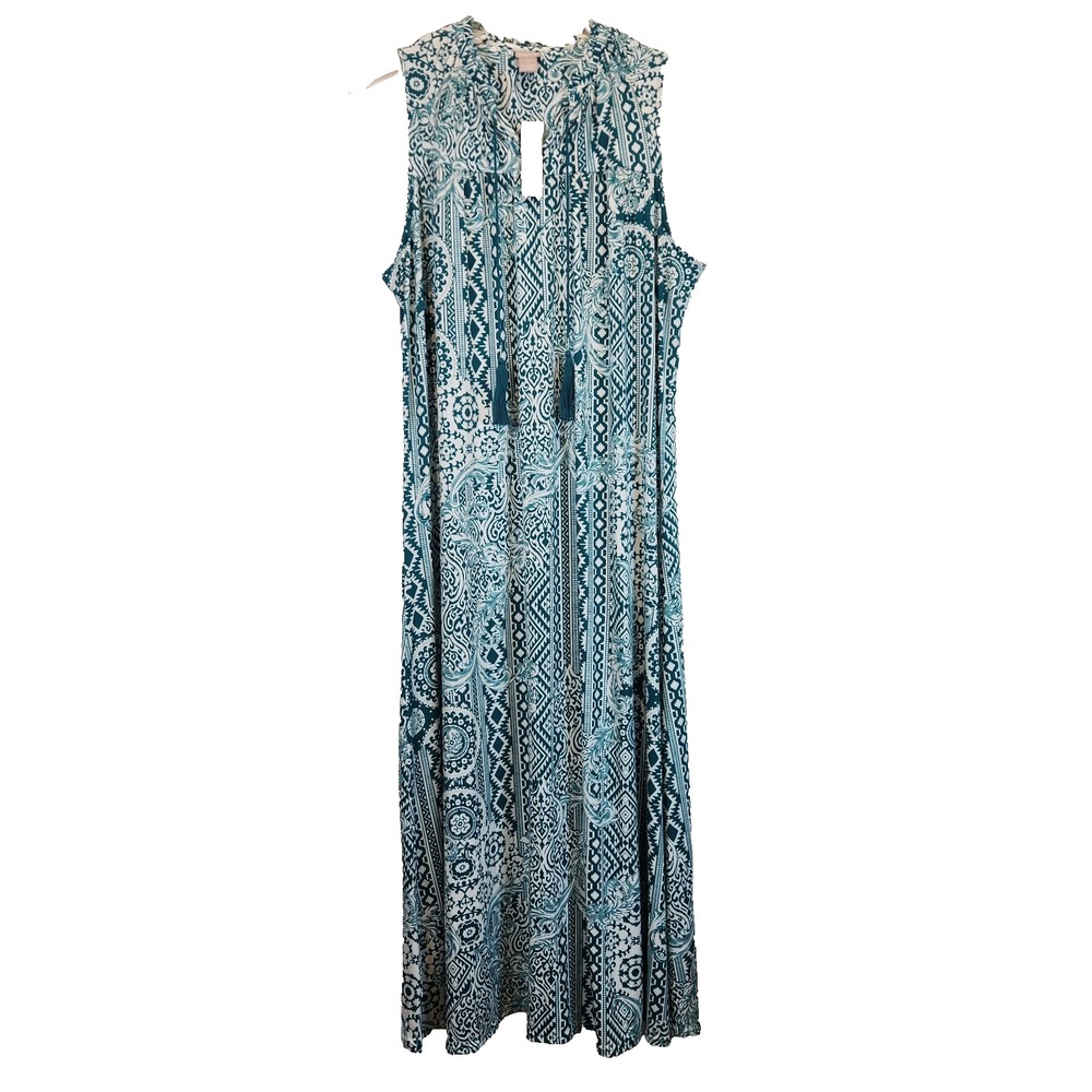 Chicos NWT Tile Print Peasant Maxi Dress Sleeveless Tassel Blue White Size 16